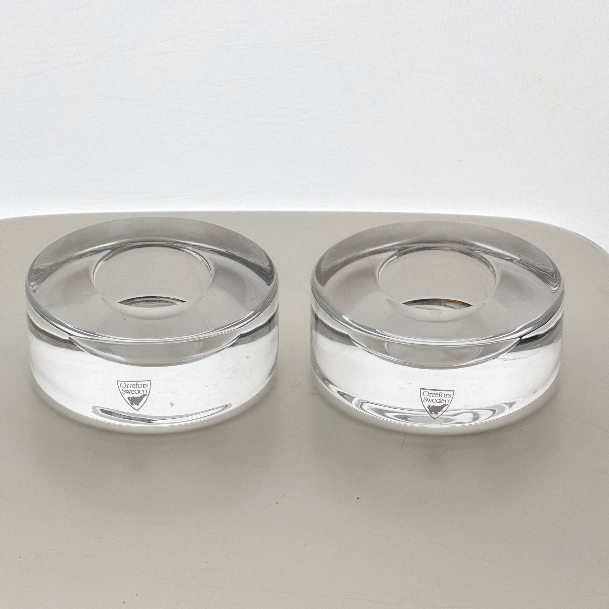 Vintage Pair of Orrefors Crystal Puck Votive Candle Holders Designed by Lena Bergstrom