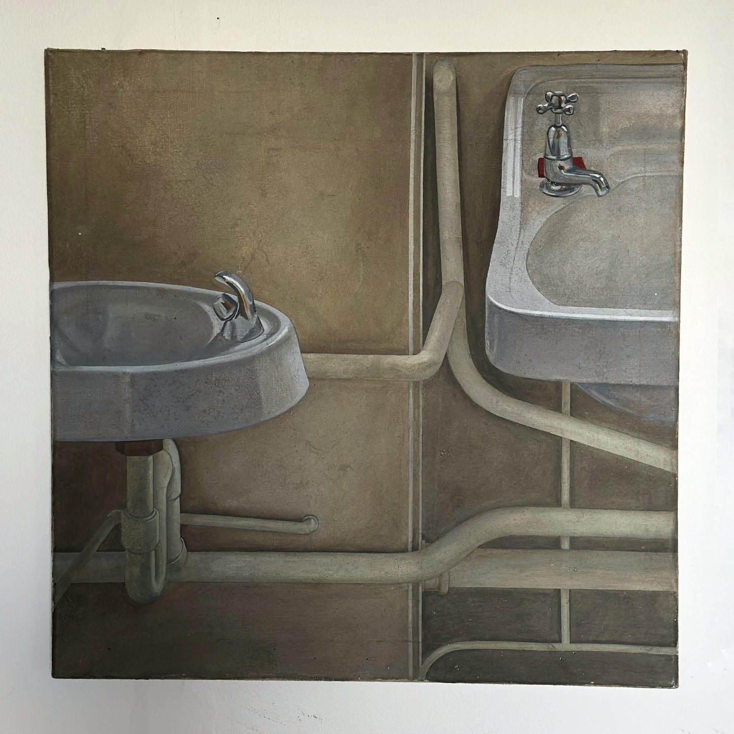 British Kitchen Sink School — Institutional Interior with Sinks, Oil on Canvas, c.1960s