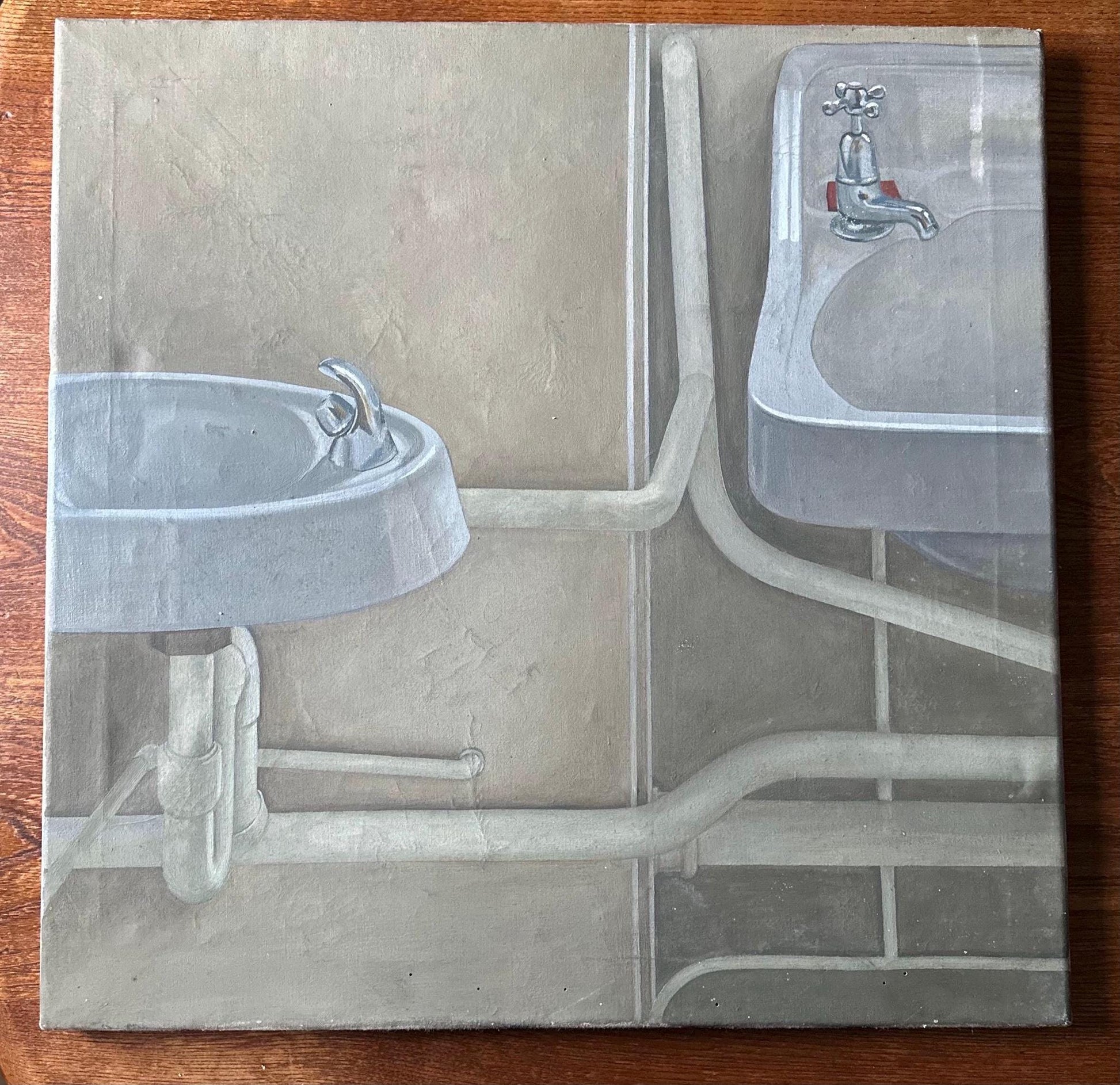 British Kitchen Sink School — Institutional Interior with Sinks, Oil on Canvas, c.1960s