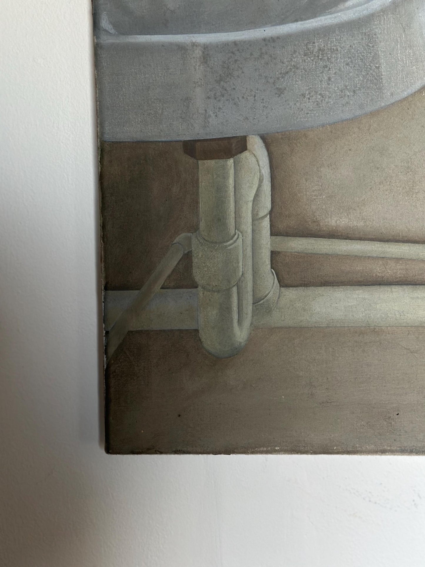 British Kitchen Sink School — Institutional Interior with Sinks, Oil on Canvas, c.1960s