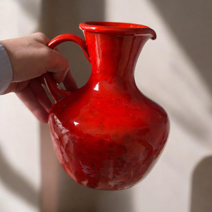 Midcentury Bitossi Bright Red Jug signed on base