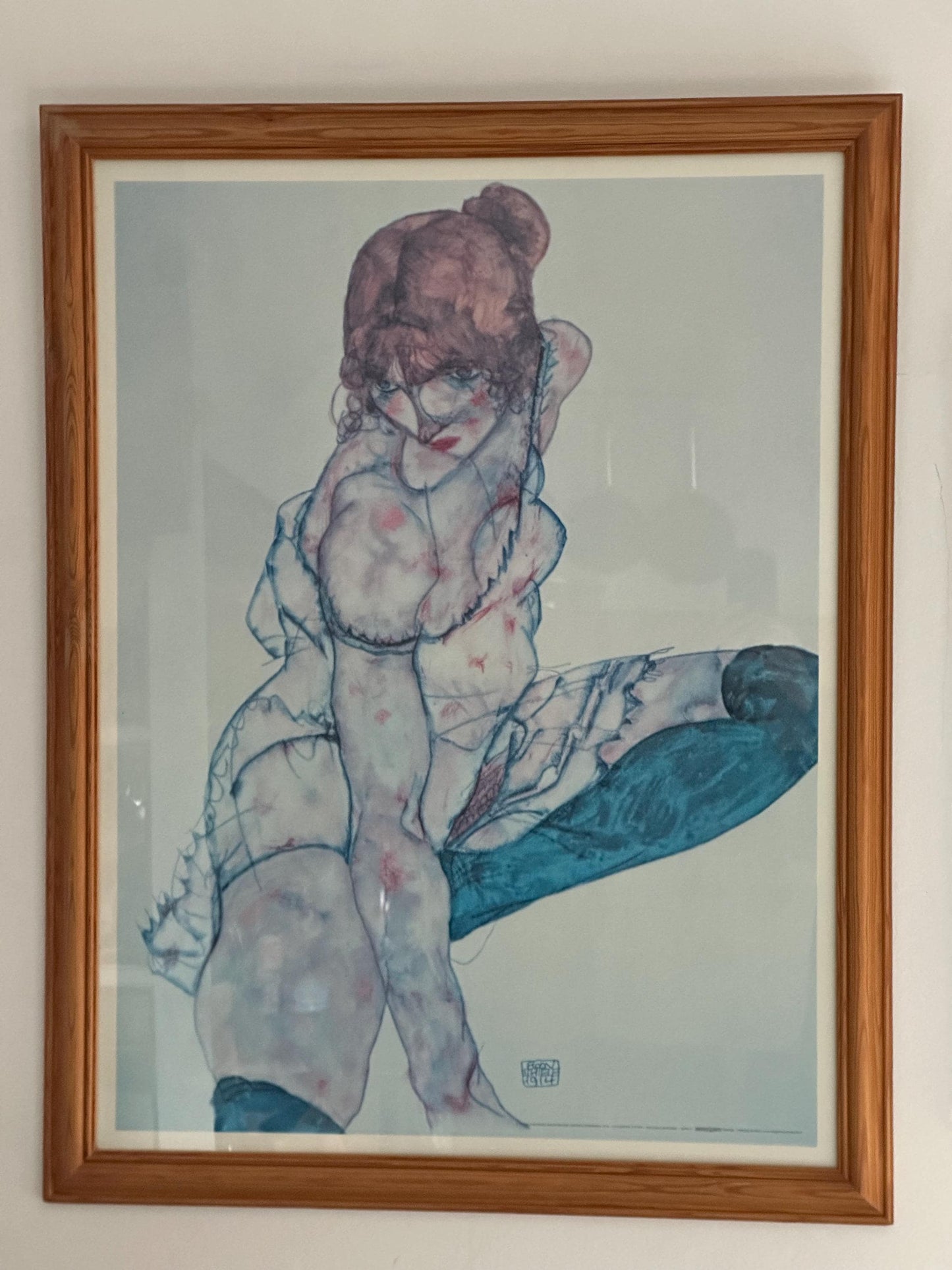 Vintage Egon Schiele Vintage 1998 Lithograph Print Framed Expressionist Fine Art Poster Seated Woman with Raised Knee