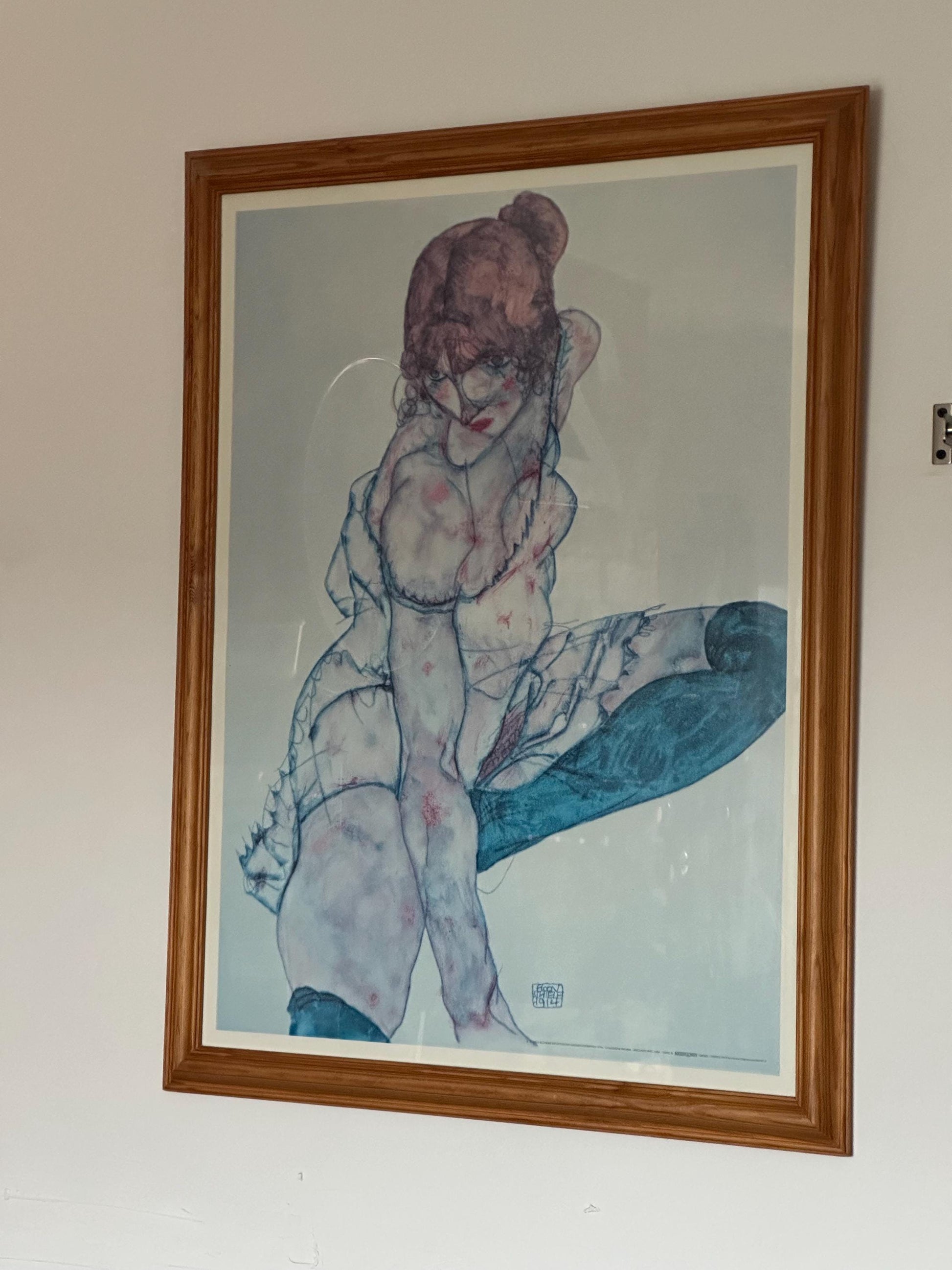 Vintage Egon Schiele Vintage 1998 Lithograph Print Framed Expressionist Fine Art Poster Seated Woman with Raised Knee