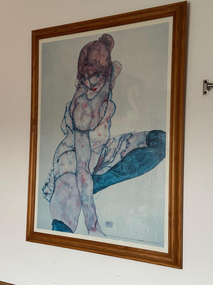 Vintage Egon Schiele Vintage 1998 Lithograph Print Framed Expressionist Fine Art Poster Seated Woman with Raised Knee