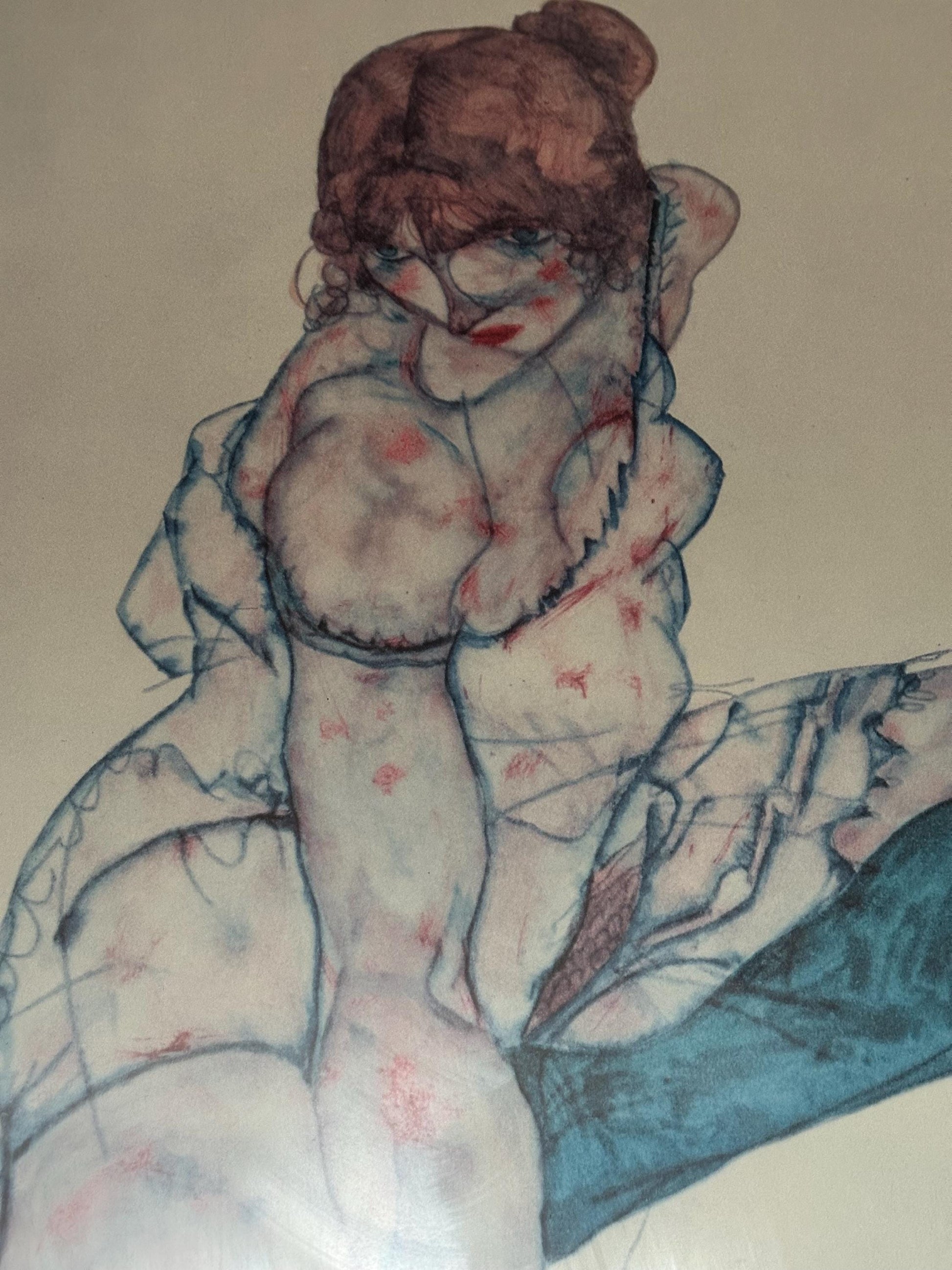 Vintage Egon Schiele Vintage 1998 Lithograph Print Framed Expressionist Fine Art Poster Seated Woman with Raised Knee