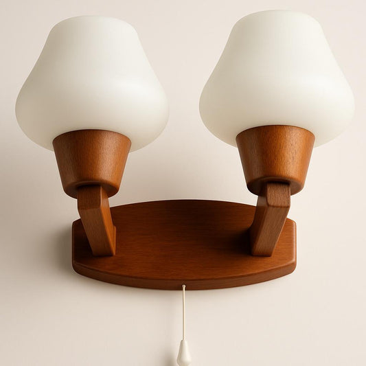 Midcentury Modern Danish Teak Syle 1960s Double Wall Light with Original White Opaline Handmade Shades (with all fittings) Set of Three