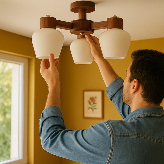 Teak and Milk Glass 3 Light Ceiling Light Midcentury Modern 1970s