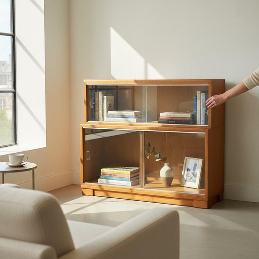 Mid-Century Minty Oxford Bookcase with Sliding Glass Doors in Light Oak
