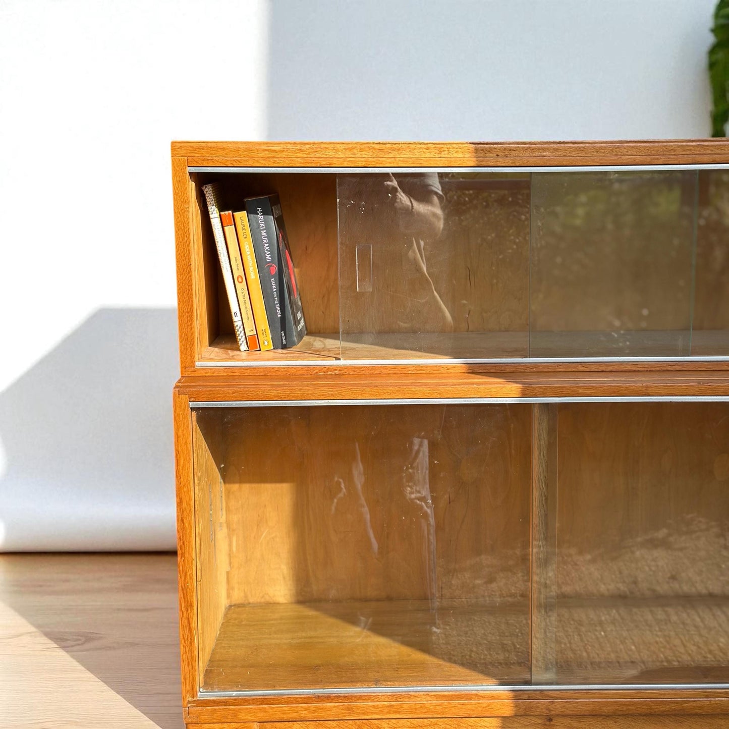 Mid-Century Minty Oxford Bookcase with Sliding Glass Doors in Light Oak