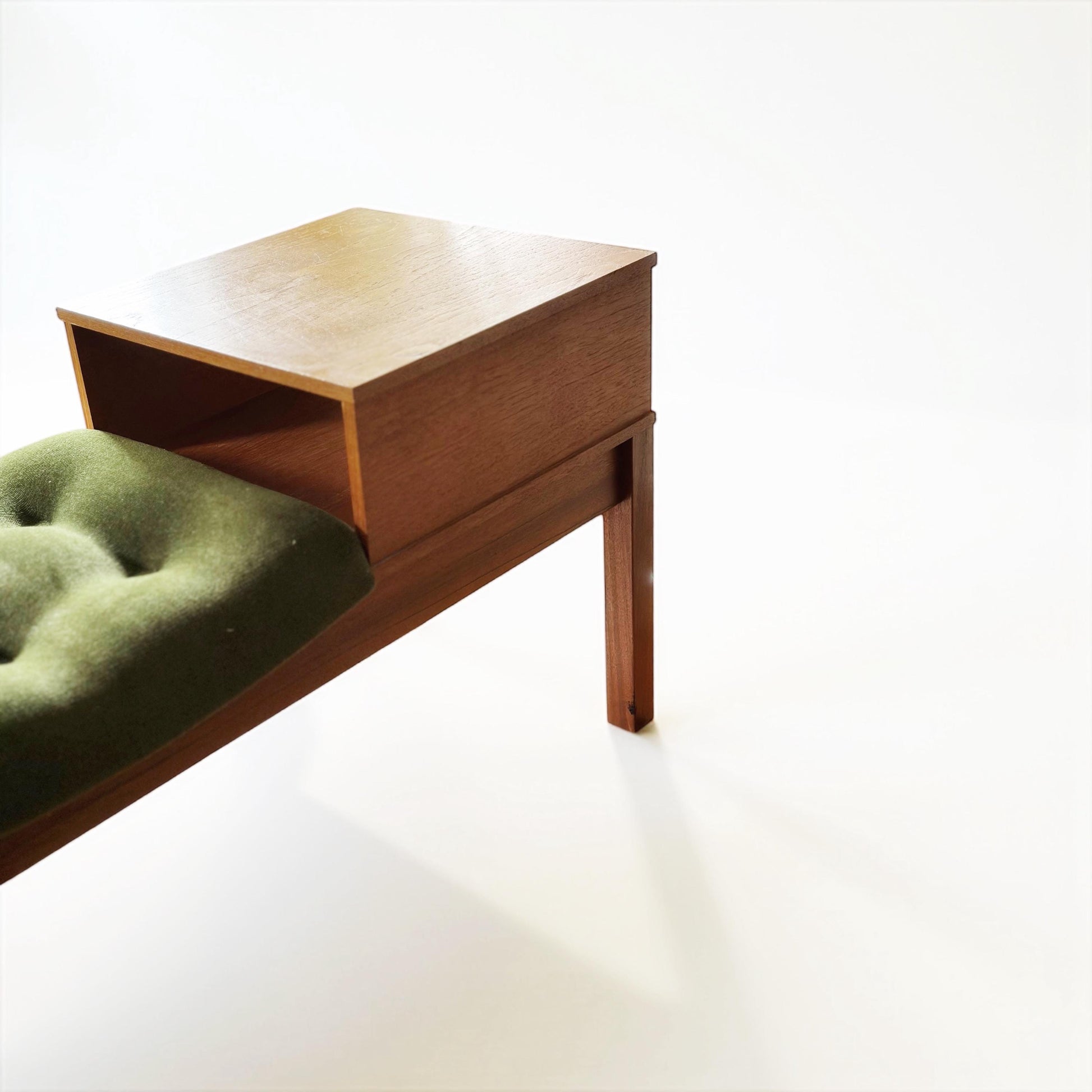 Mid-Century Modern Teak Telephone Table with Green Upholstered Seat
