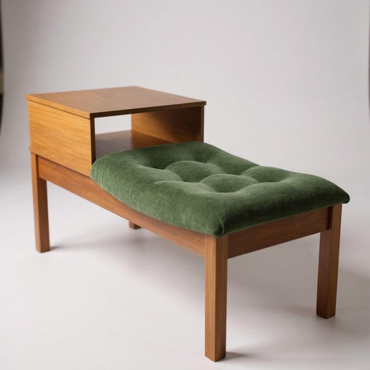Mid-Century Modern Teak Telephone Table with Green Upholstered Seat