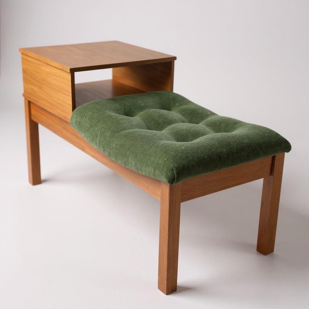 Mid-Century Modern Teak Telephone Table with Green Upholstered Seat