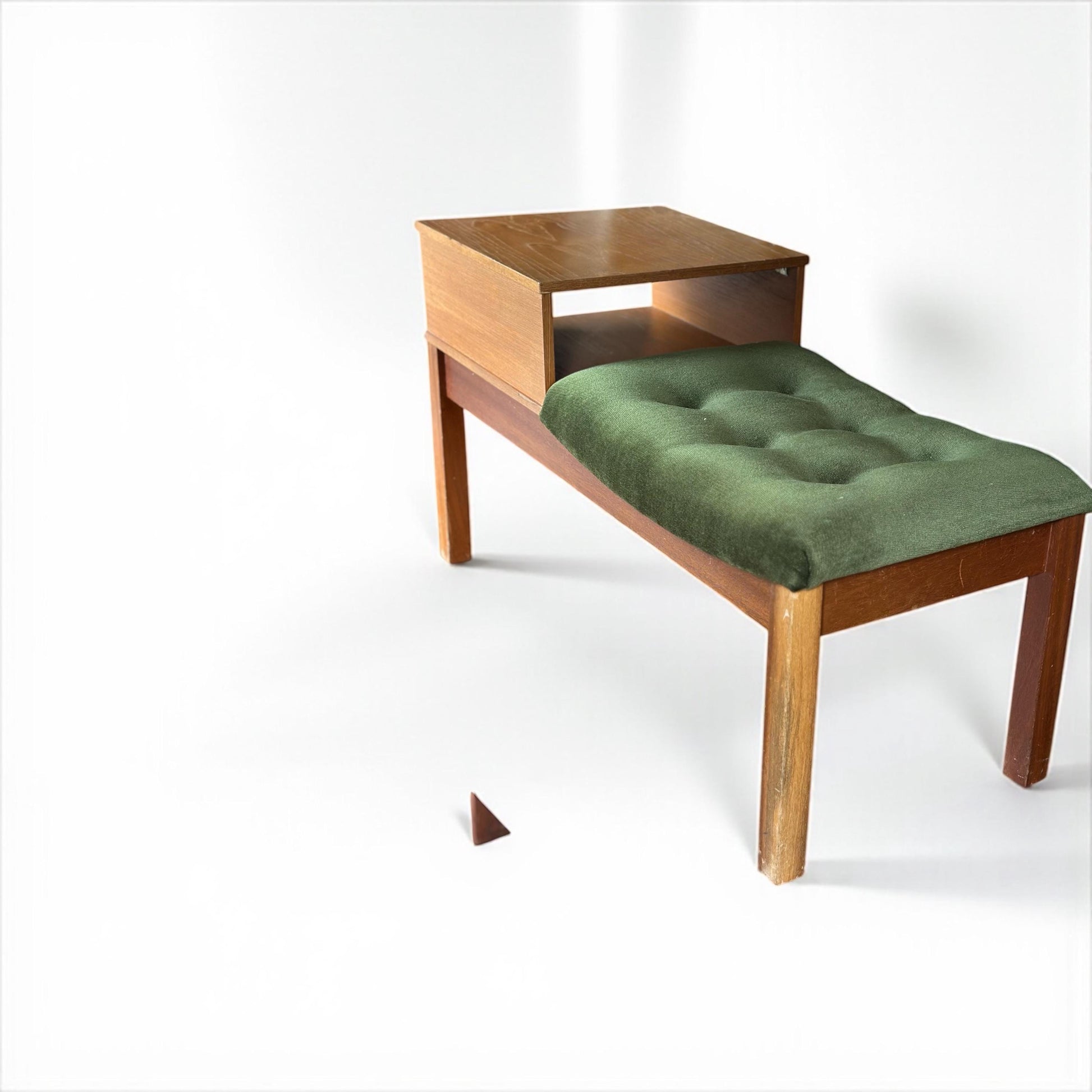 Mid-Century Modern Teak Telephone Table with Green Upholstered Seat