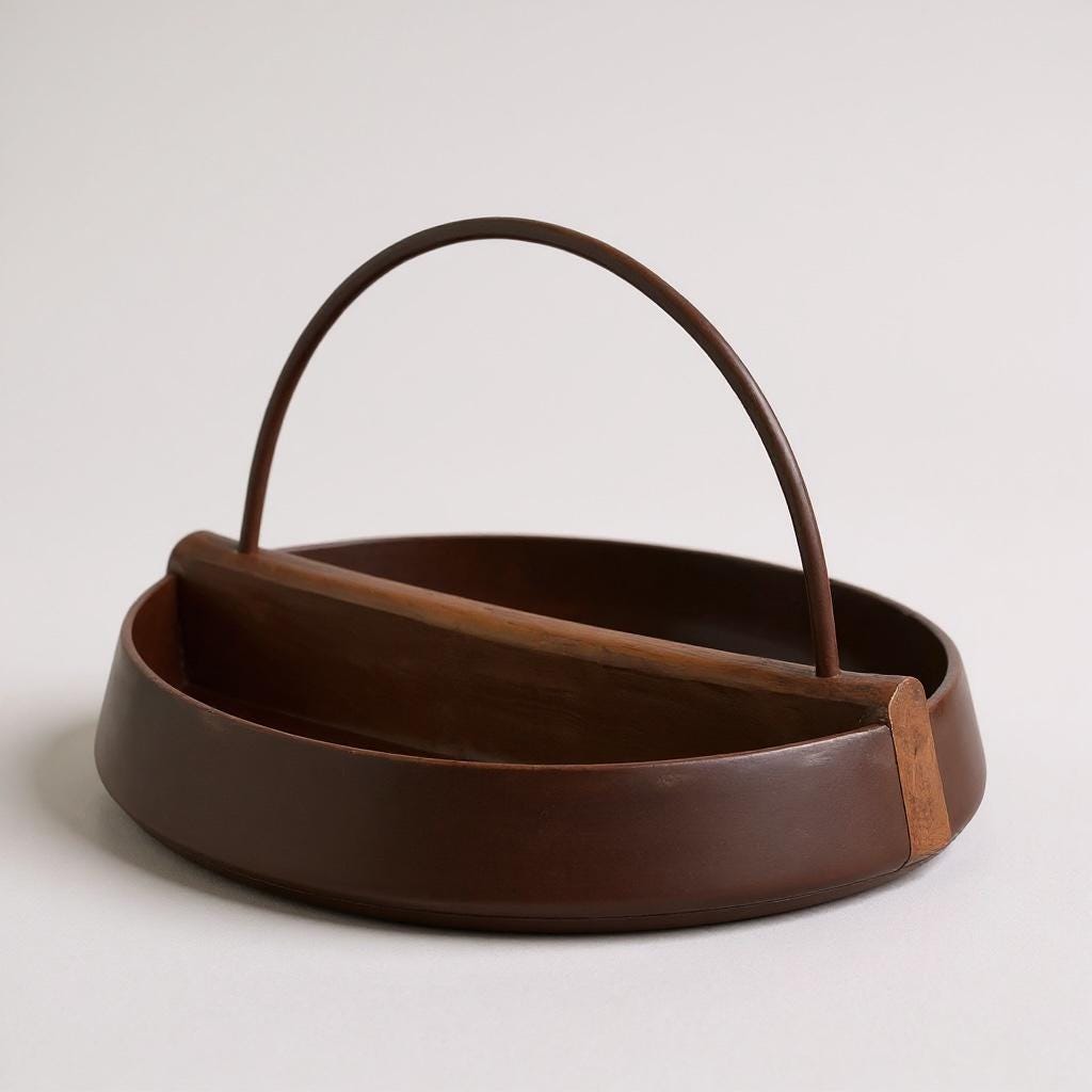 Mid Century Teak Bowl with Brass Handle • Divided Wooden Bowl • Modernist Teak Dish • Aubock Style Vintage Decor • Teak Brass Centrepiece