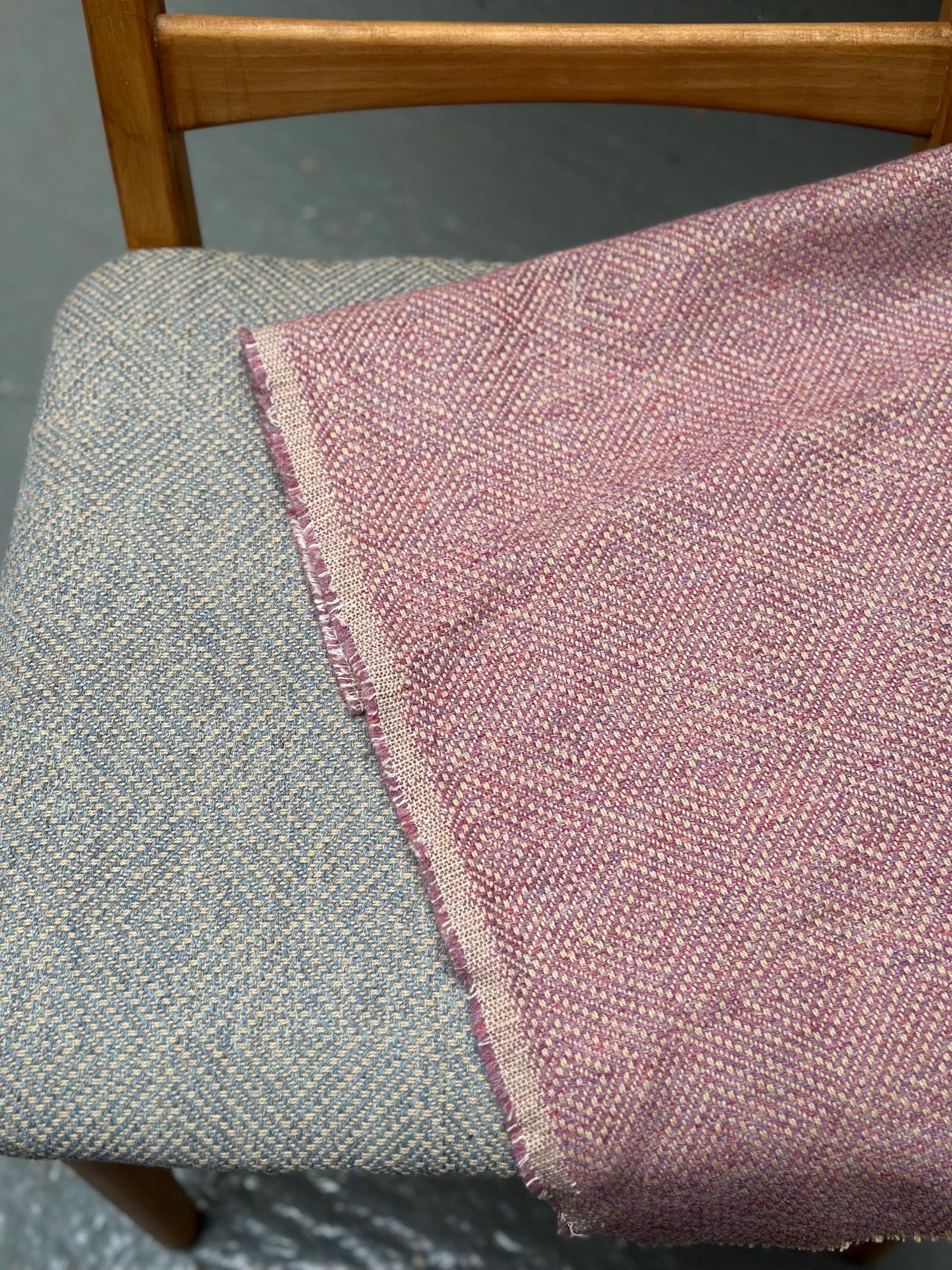 Pair of Vintage East German Ladderback Dining Chairs available in blue or pink Linwood upholstery