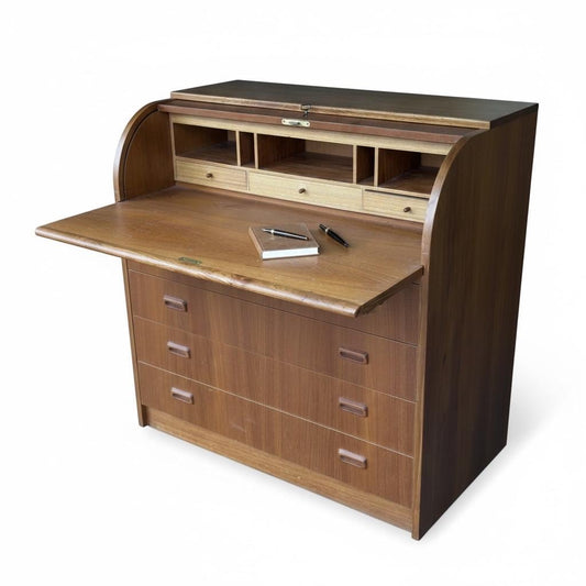 British MidCentury Teak Tambour Bureau Lock with Original Key