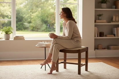 Oak Sitting Stool or Footstool - Reupholstered Midcentury British Northern European