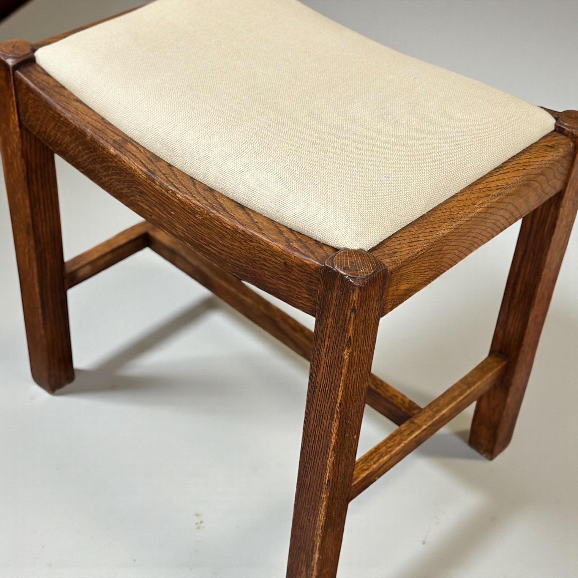 Oak Sitting Stool or Footstool - Reupholstered Midcentury British Northern European
