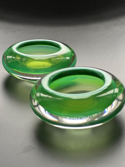 Hanne Dreutler Studio Åhus 2000 signed Swedish studio glass votive holders. Clear cased glass with emerald core, sculptural modern design.