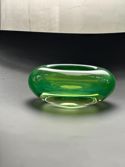 Hanne Dreutler Studio Åhus 2000 signed Swedish studio glass votive holders. Clear cased glass with emerald core, sculptural modern design.