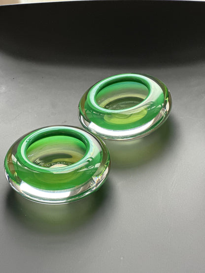 Hanne Dreutler Studio Åhus 2000 signed Swedish studio glass votive holders. Clear cased glass with emerald core, sculptural modern design.