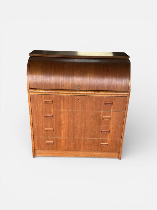 British MidCentury Teak Tambour Bureau Lock with Original Key