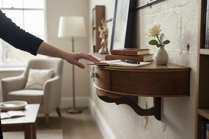 1940s Oak Wall-Mounted Demi-Lune Console with Drawer