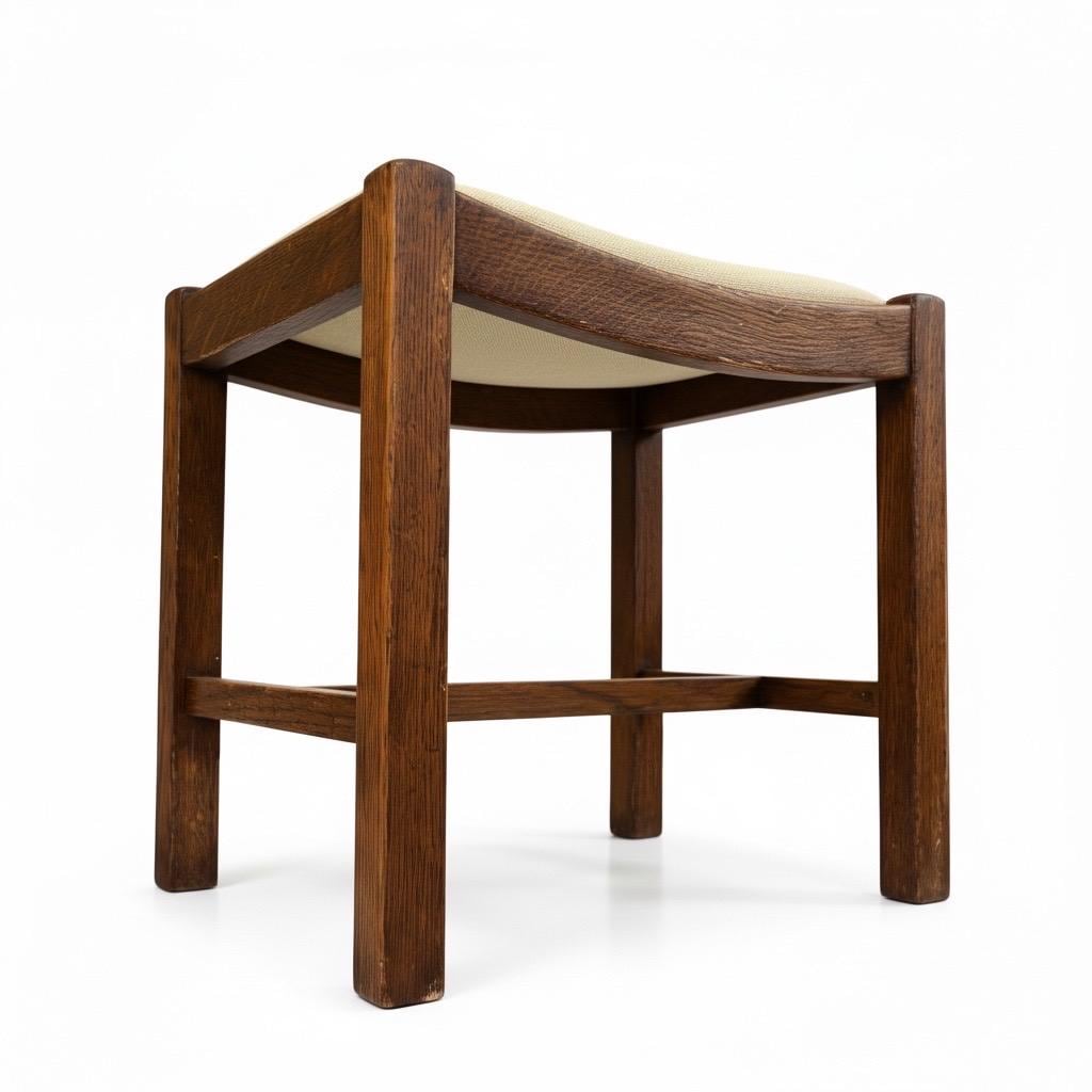 Oak Sitting Stool or Footstool - Reupholstered Midcentury British Northern European