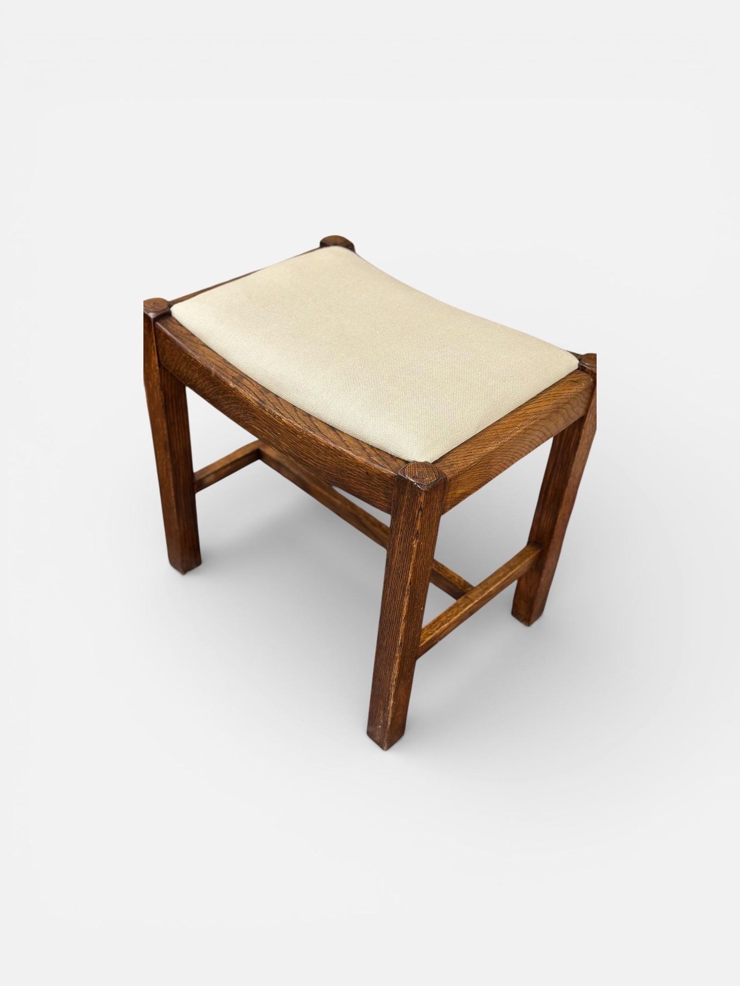 Oak Sitting Stool or Footstool - Reupholstered Midcentury British Northern European