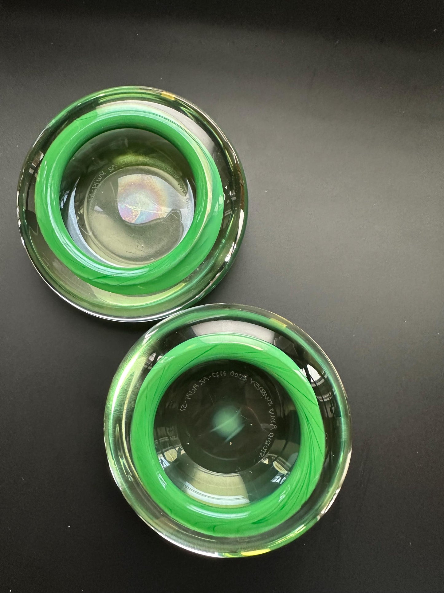 Hanne Dreutler Studio Åhus 2000 signed Swedish studio glass votive holders. Clear cased glass with emerald core, sculptural modern design.
