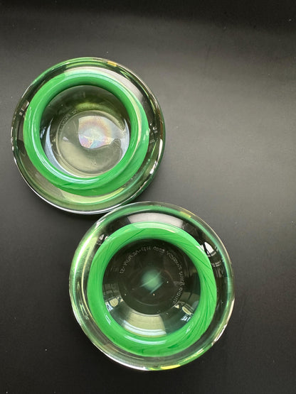 Hanne Dreutler Studio Åhus 2000 signed Swedish studio glass votive holders. Clear cased glass with emerald core, sculptural modern design.
