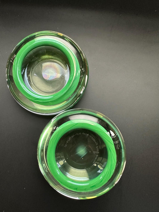 Hanne Dreutler Studio Åhus 2000 signed Swedish studio glass votive holders. Clear cased glass with emerald core, sculptural modern design.
