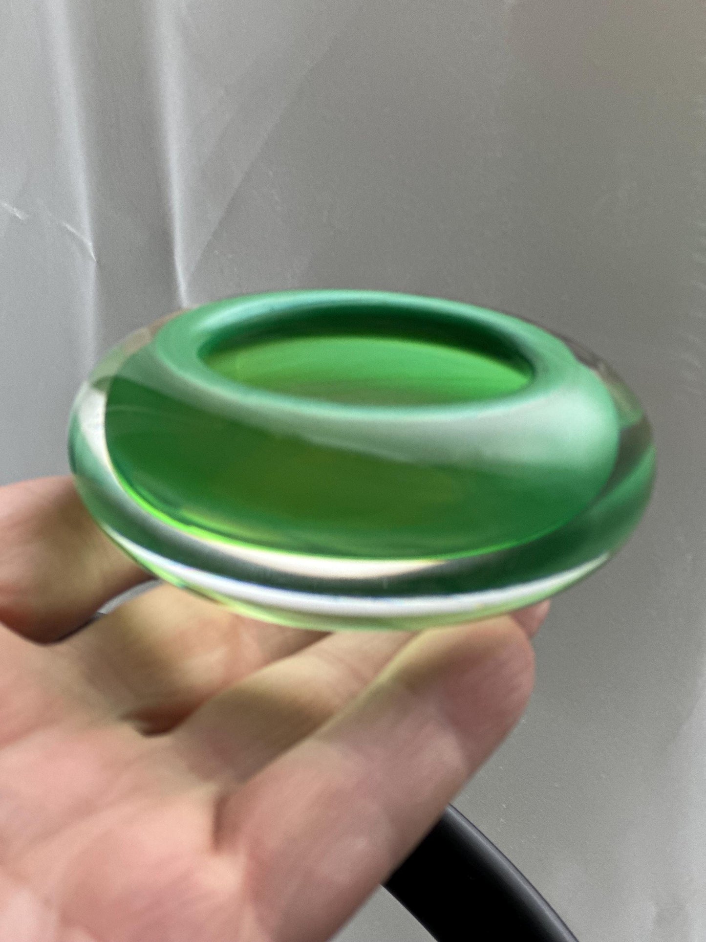 Hanne Dreutler Studio Åhus 2000 signed Swedish studio glass votive holders. Clear cased glass with emerald core, sculptural modern design.