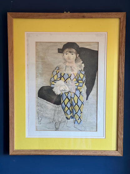 Vintage Picasso Print 'The Artist's Son' Framed Wall Art, Mid Century Lithograph Paul en Pierrot, Original Gallery Label, Gift for Art Colle