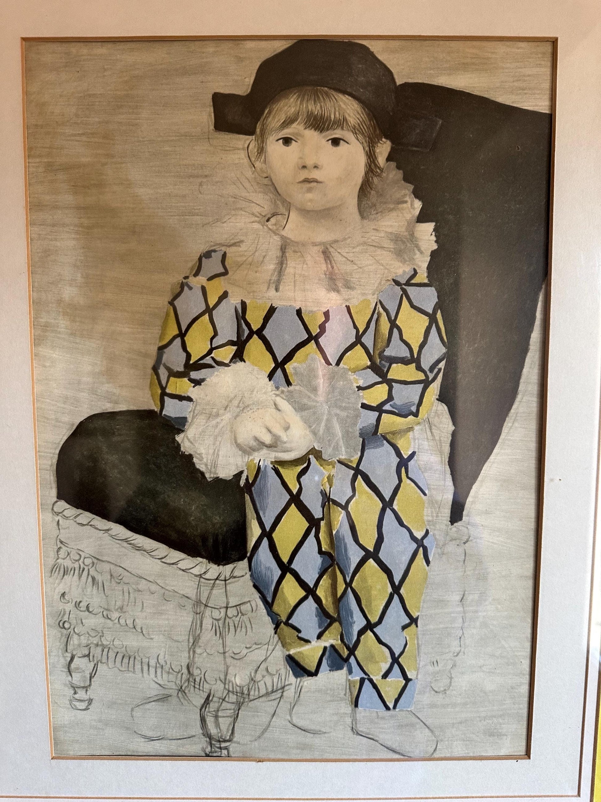 Vintage Picasso Print 'The Artist's Son' Framed Wall Art, Mid Century Lithograph Paul en Pierrot, Original Gallery Label, Gift for Art Colle