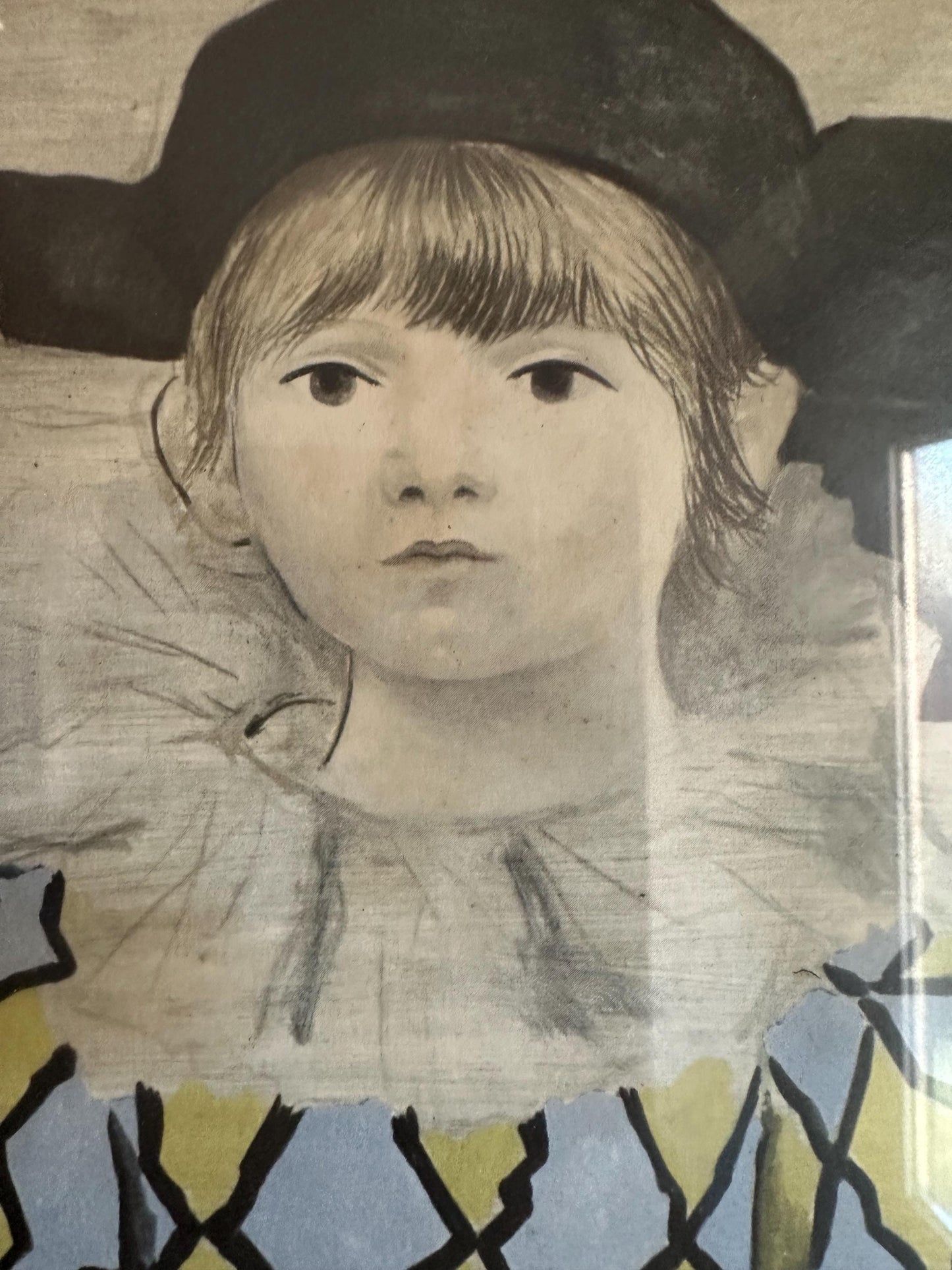 Vintage Picasso Print 'The Artist's Son' Framed Wall Art, Mid Century Lithograph Paul en Pierrot, Original Gallery Label, Gift for Art Colle