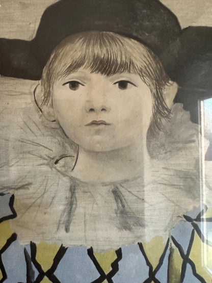 Vintage Picasso Print 'The Artist's Son' Framed Wall Art, Mid Century Lithograph Paul en Pierrot, Original Gallery Label, Gift for Art Colle