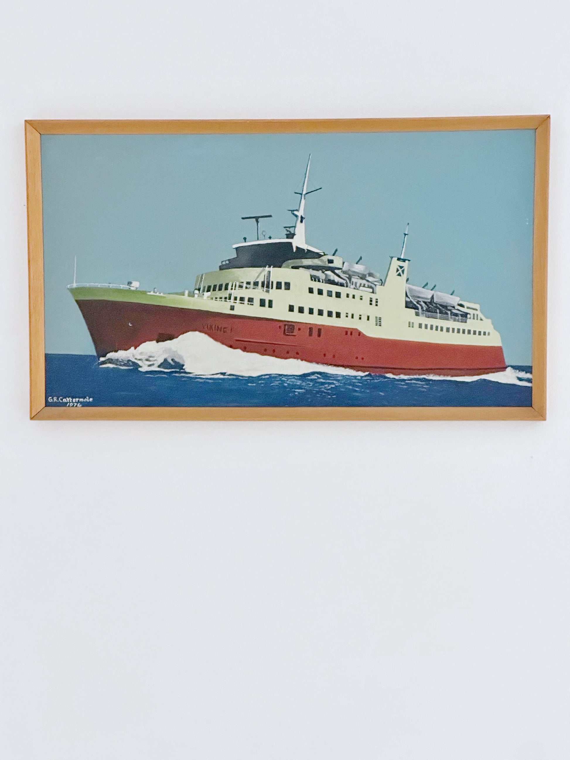 Maritime Modernist Oil, MS Viking I by G.R. Cattermole, 1976 — Thoresen Cross-Channel Ferry
