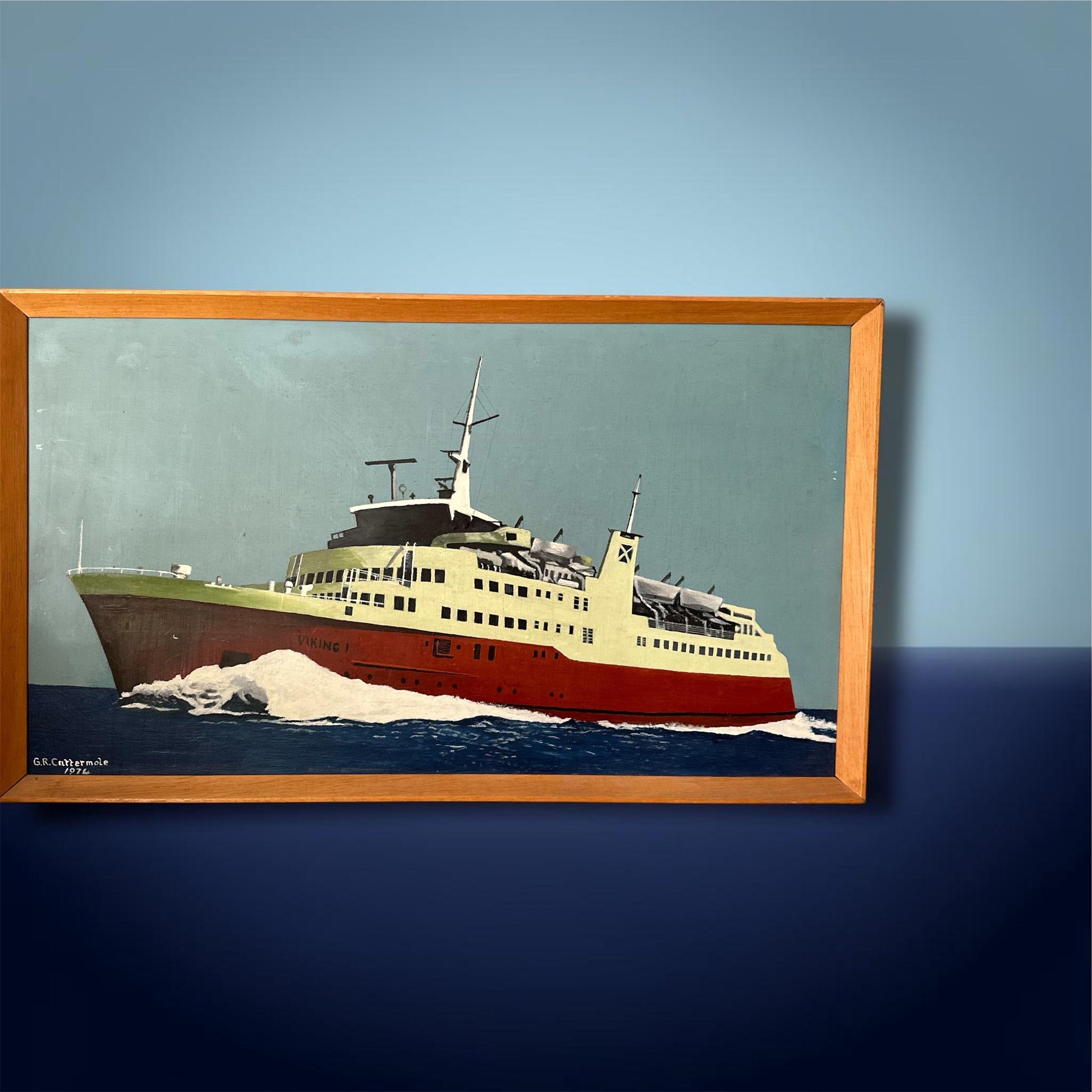 Maritime Modernist Oil, MS Viking I by G.R. Cattermole, 1976 — Thoresen Cross-Channel Ferry