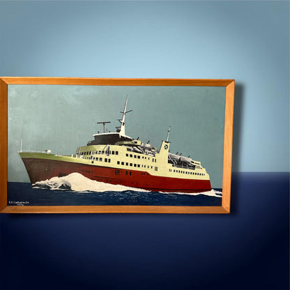 Maritime Modernist Oil, MS Viking I by G.R. Cattermole, 1976 — Thoresen Cross-Channel Ferry