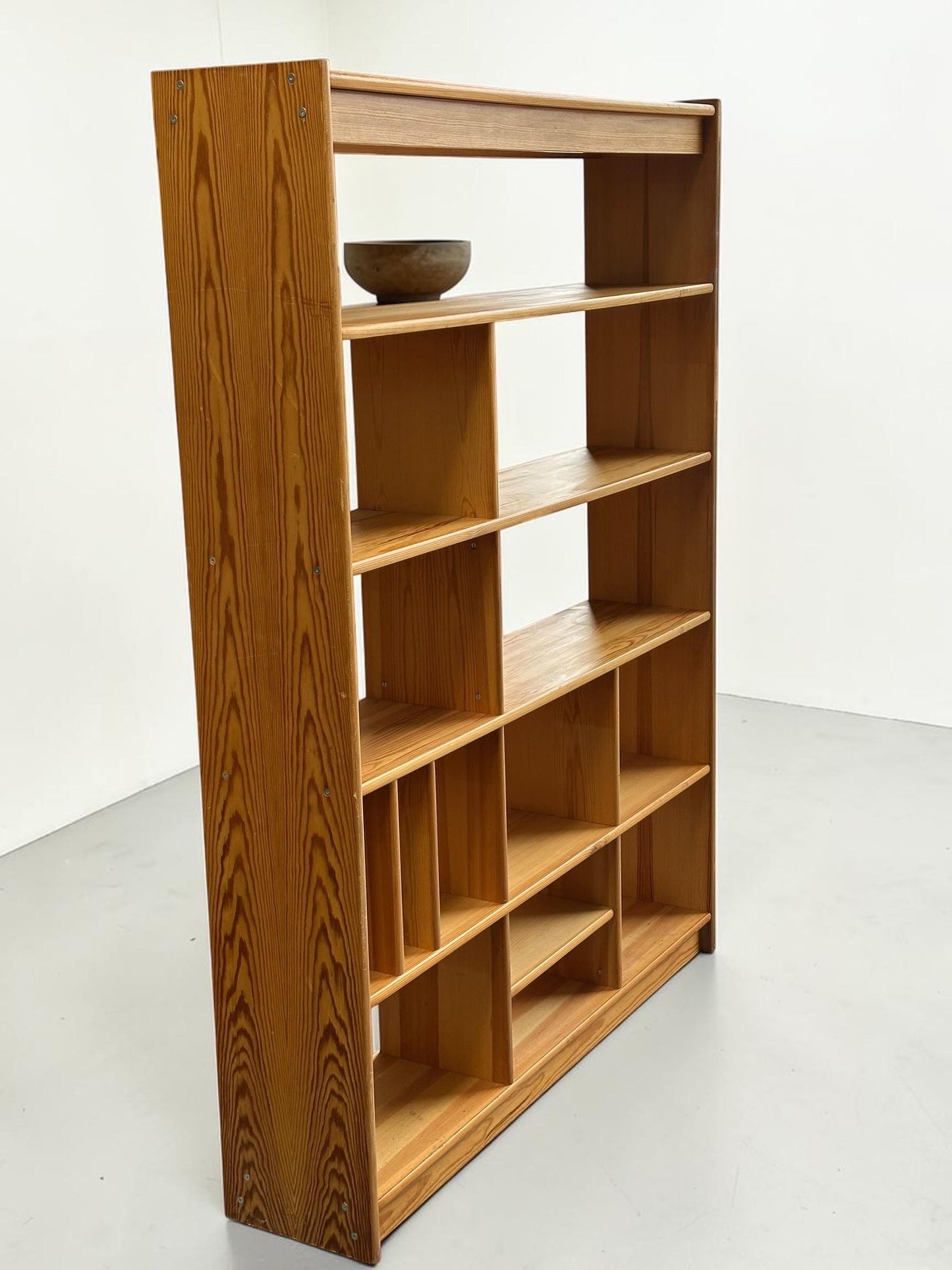 Danish Solid Pine Freestanding Room Divider / Bookcase with Vinyl Record Storage — 1970s