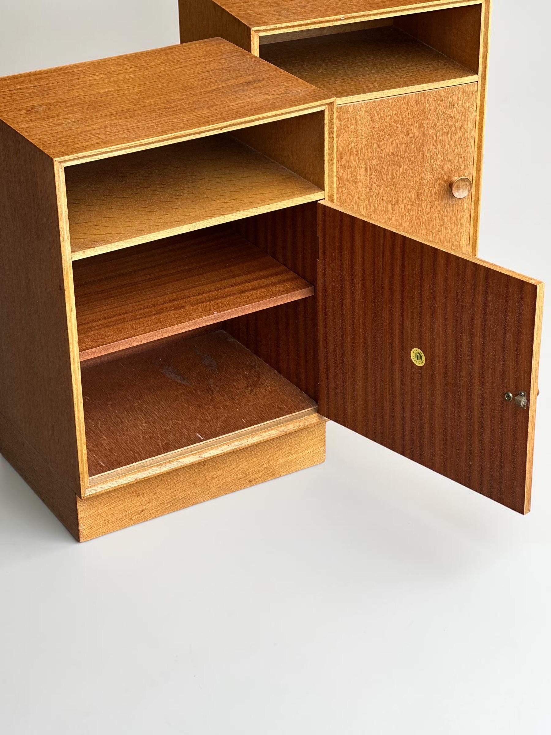 Vintage Meredew Oak Bedside Cabinets, Mirrored Mid Century Pair