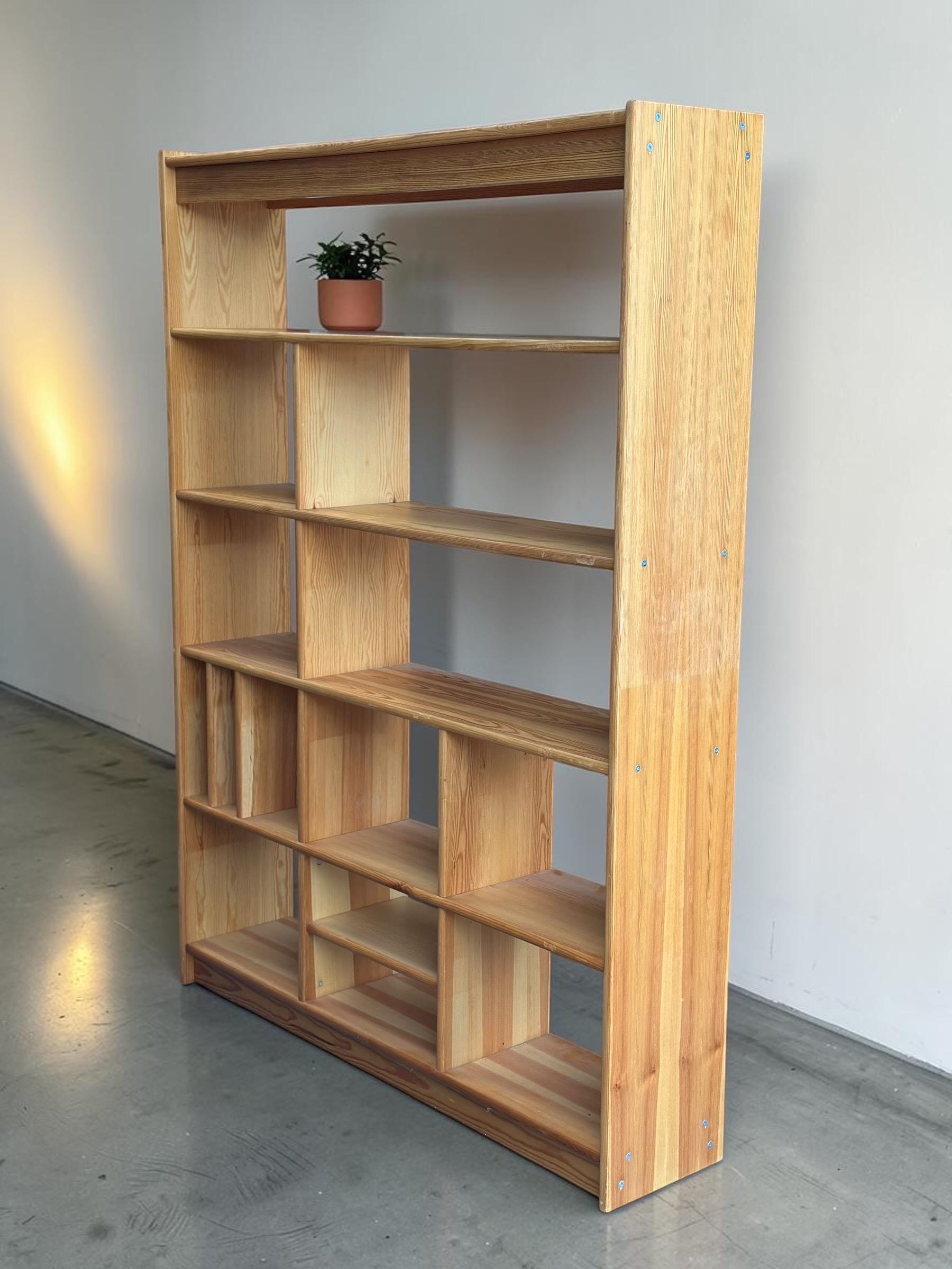 Danish Solid Pine Freestanding Room Divider / Bookcase with Vinyl Record Storage — 1970s