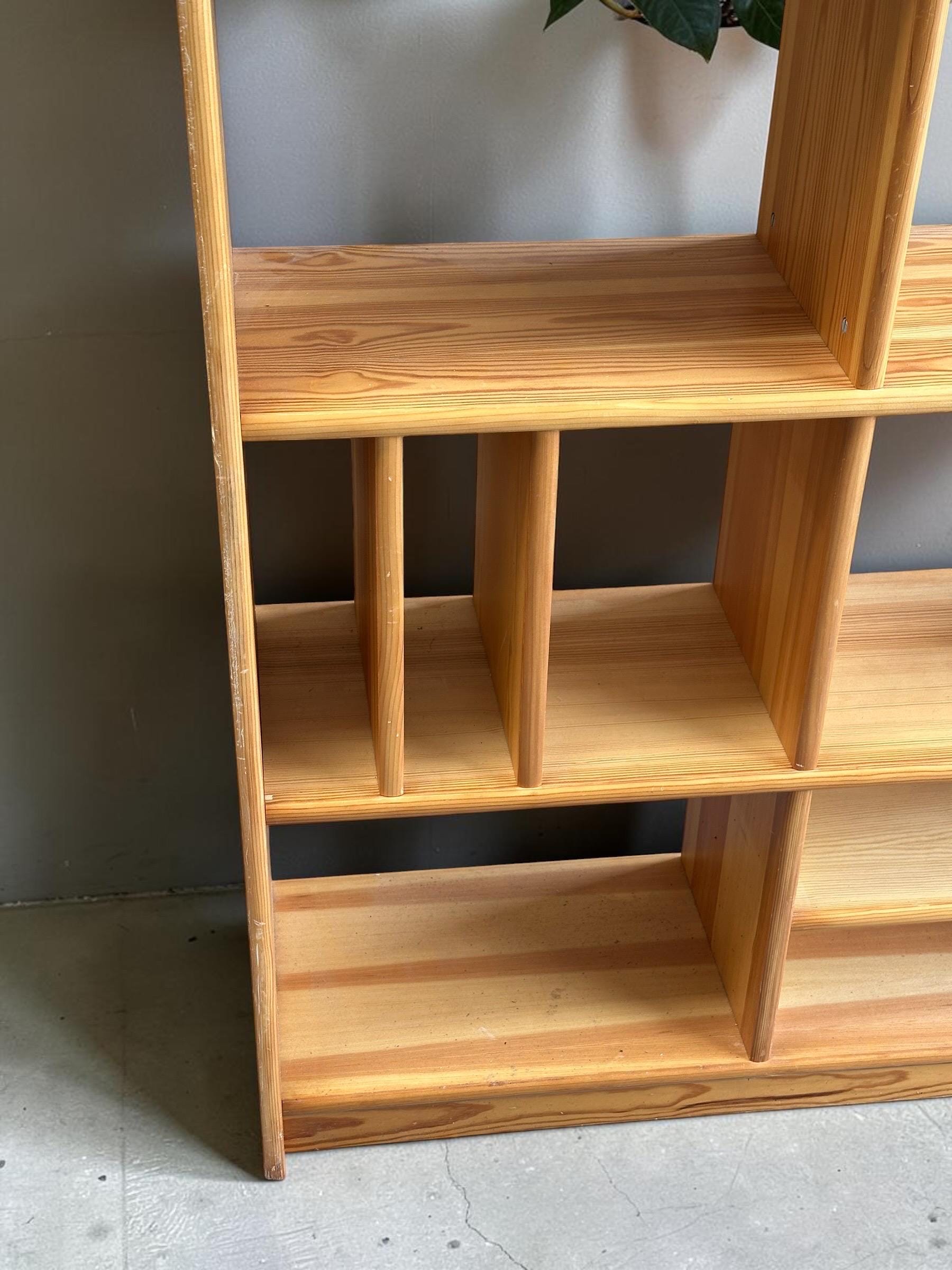 Danish Solid Pine Freestanding Room Divider / Bookcase with Vinyl Record Storage — 1970s
