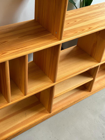 Danish Solid Pine Freestanding Room Divider / Bookcase with Vinyl Record Storage — 1970s