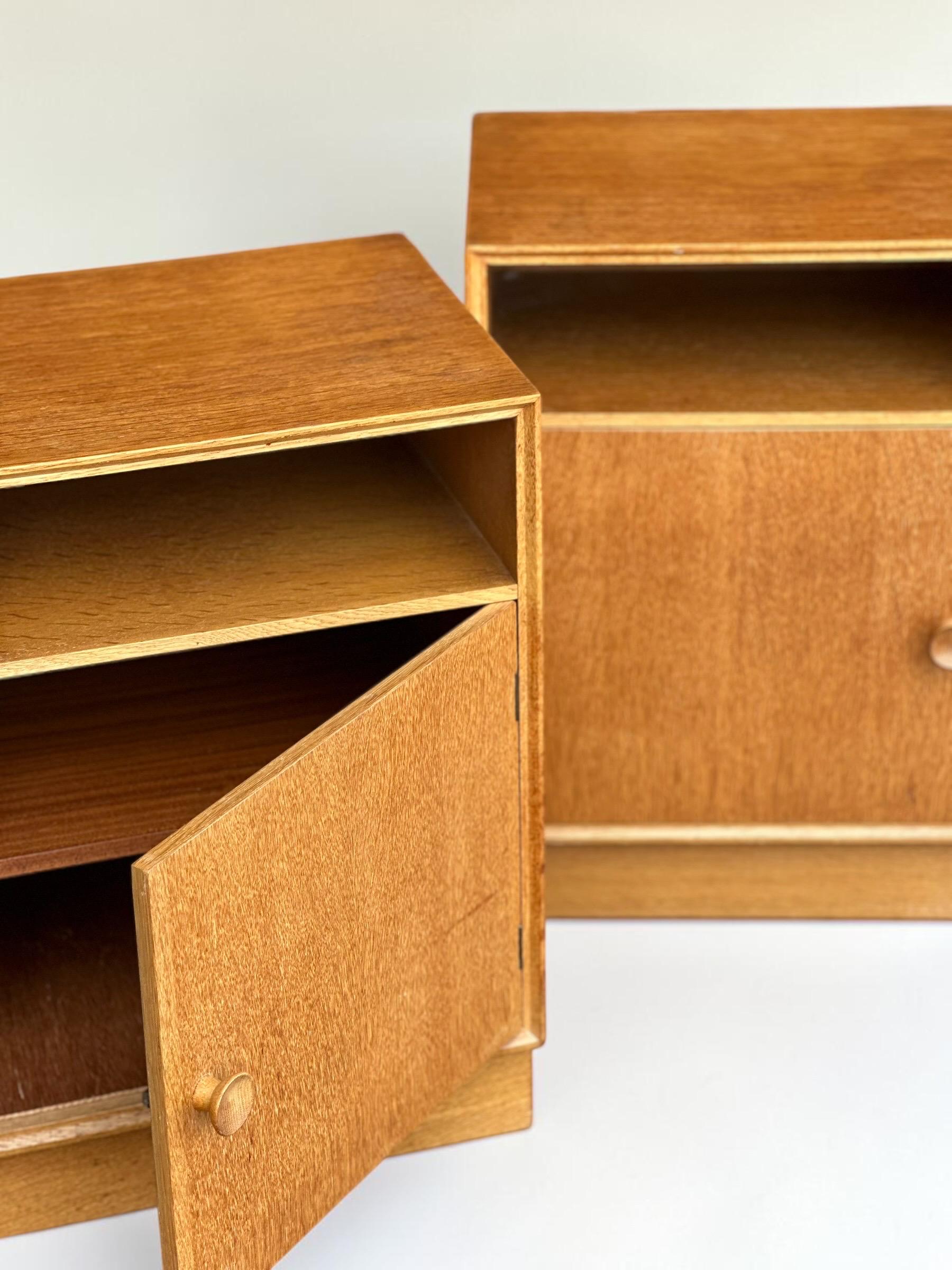 Vintage Meredew Oak Bedside Cabinets, Mirrored Mid Century Pair