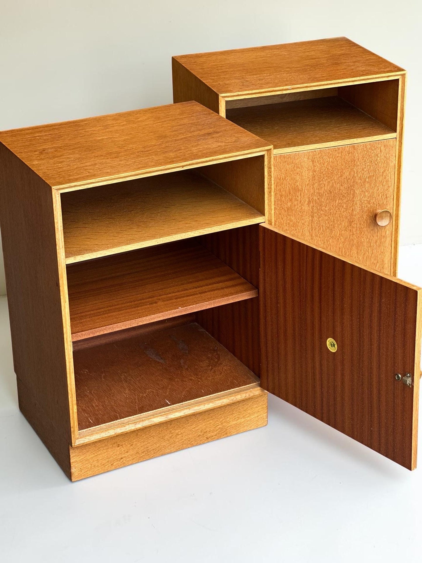 Vintage Meredew Oak Bedside Cabinets, Mirrored Mid Century Pair