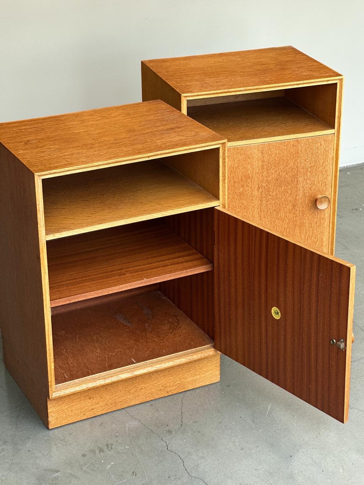 Vintage Meredew Oak Bedside Cabinets, Mirrored Mid Century Pair