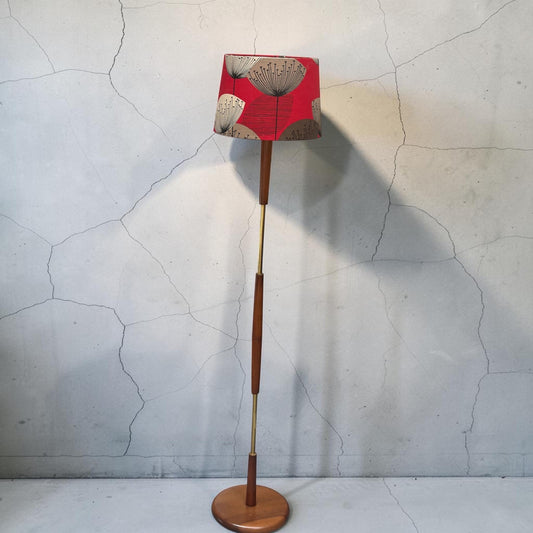 Mid Century 1960s Teak & Brass Floor Lamp — Sanderson Dandelion Clocks Shade