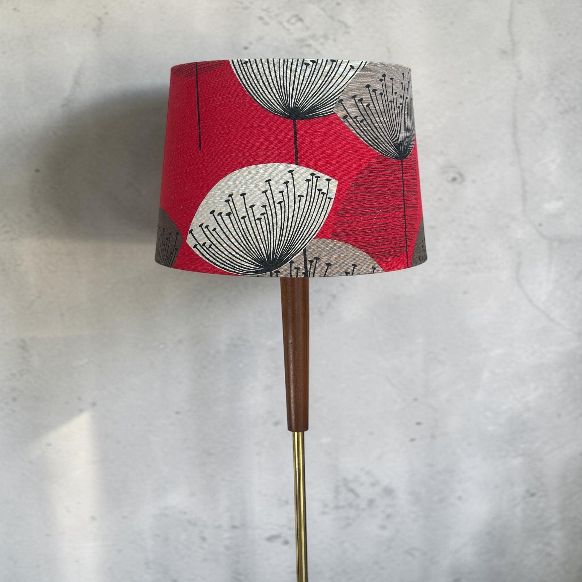 Mid Century 1960s Teak & Brass Floor Lamp — Sanderson Dandelion Clocks Shade